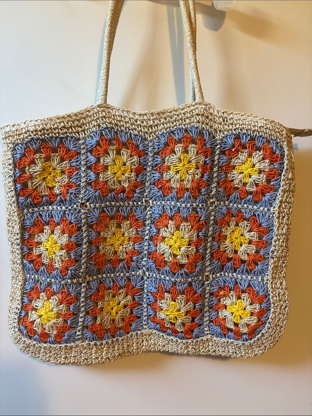 Simons  Crochet Square Tote Bag in Beige, Blue, Orange & Yellow